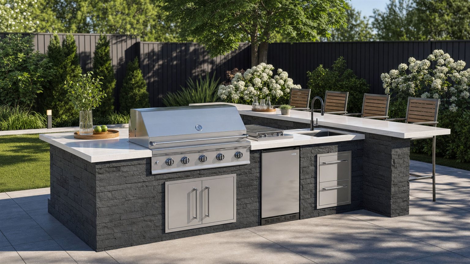 Outdoor kitchen island with a grill and stone counters