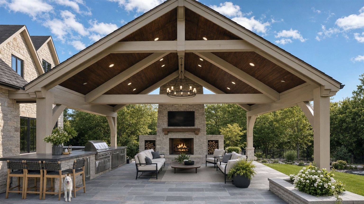 Covered timber patio with a fireplace and seating