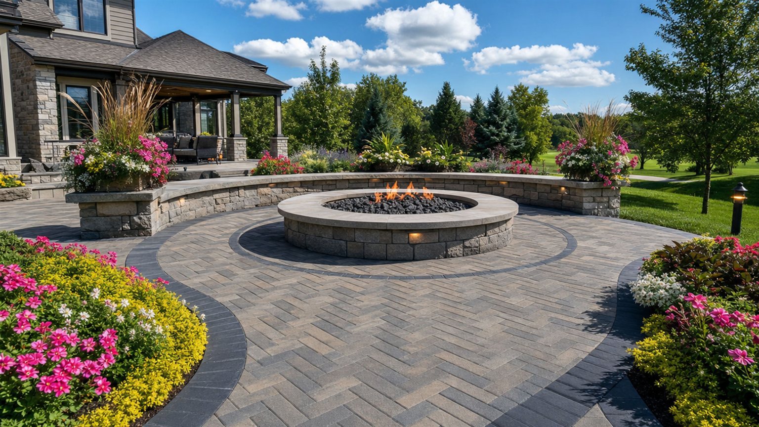 Circular paved patio and fire pit surrounded by planting