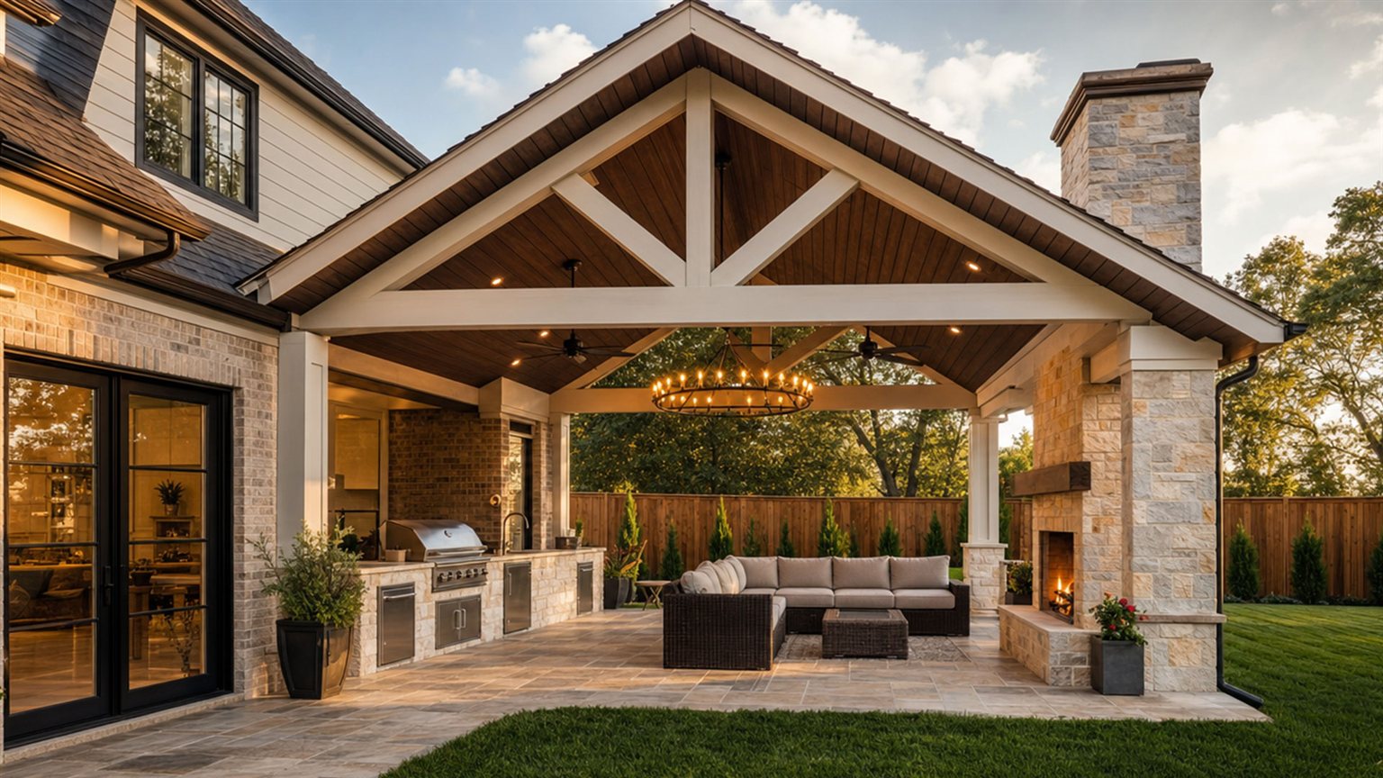 Warmly lit covered patio with lounge seating and exposed timber beams